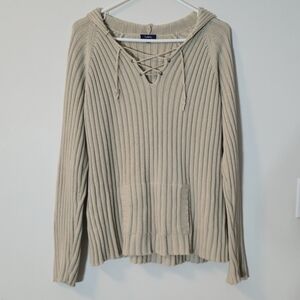 Reitmans XL Chunky Knit Lace Up Hoodie Sweater Oatmeal Beige